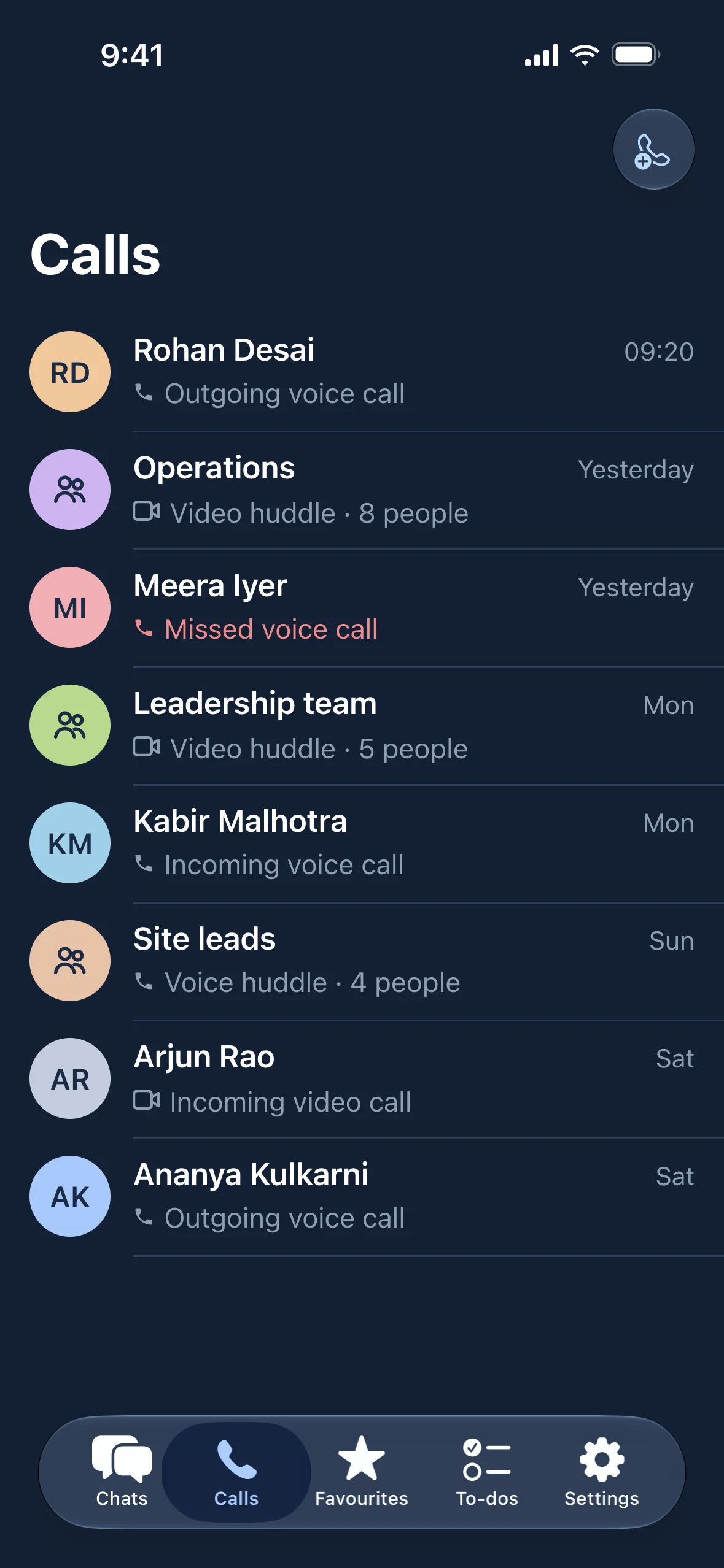 Calls list with video and voice huddles