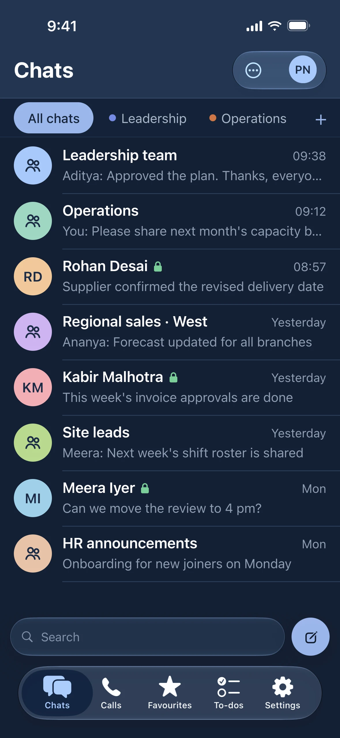 Chats list with chat folders, team groups and direct conversations