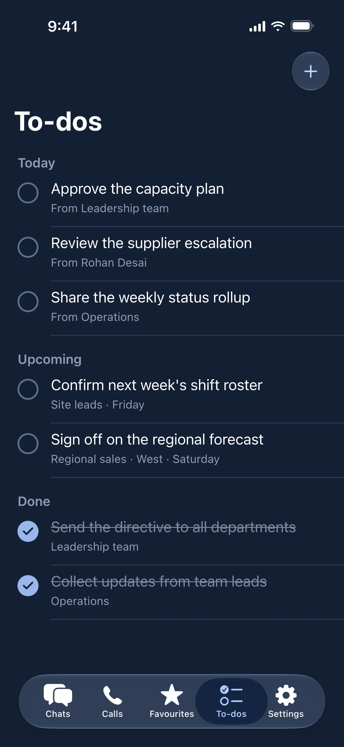To-dos list with tasks for today and upcoming